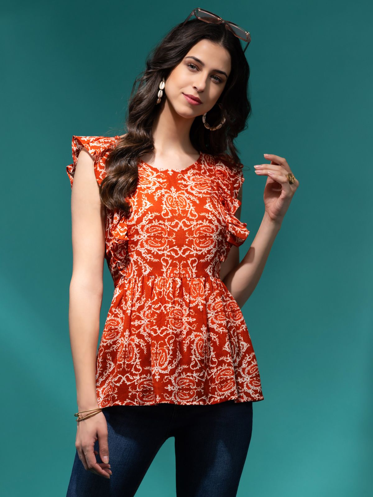 All Over Paisley Printed Rust Cotton Voile Ruffle Top