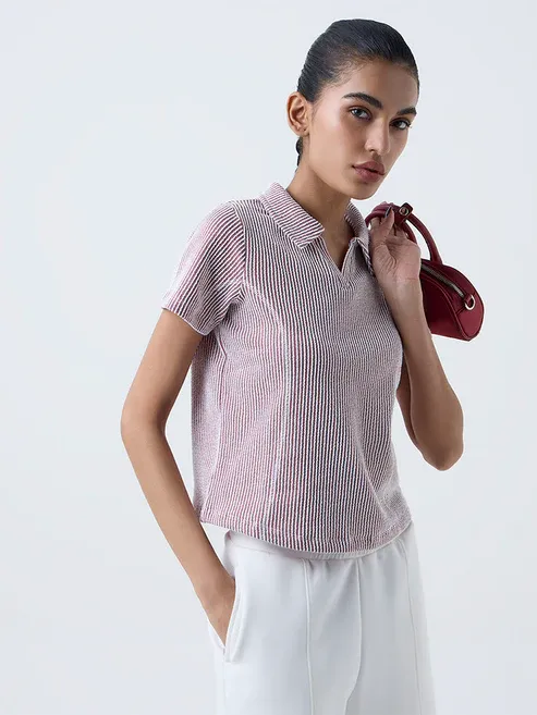 Maroon Striped Cotton-Blend T-Shirt