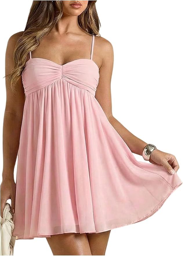 Women's Summer Babydoll Mini Dress Spaghetti Strap Flowy Sundress
