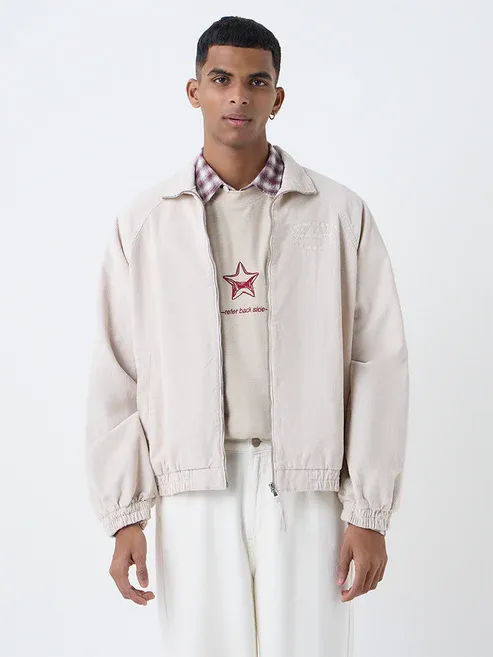 Beige Typographic Relaxed-Fit Corduroy Jacket