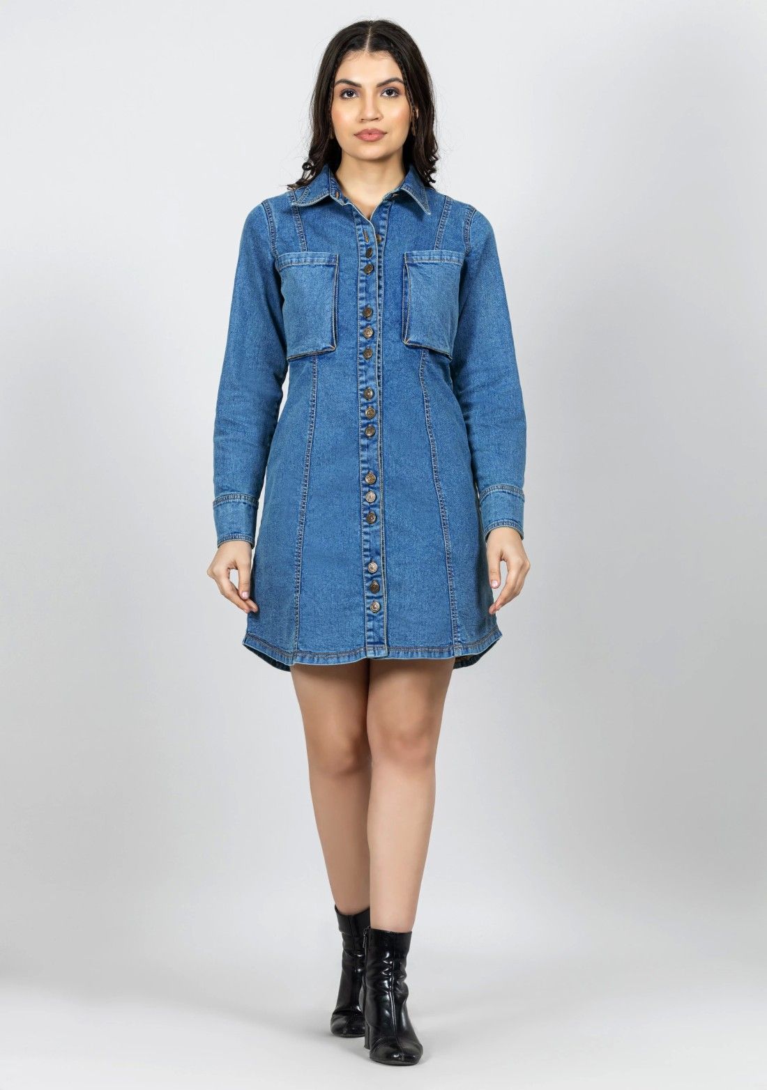 Blue Relaxed Fit Denim Mini Shirt Dress