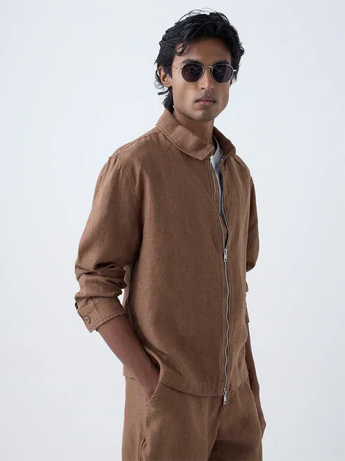 Khaki Solid Relaxed-Fit Linen Jacke