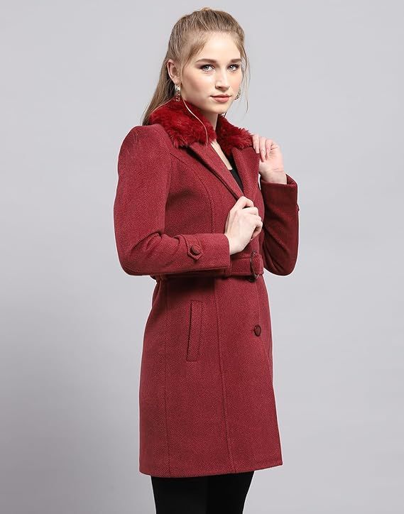 Womens Self design Collared Neck Full Sleeve Coat