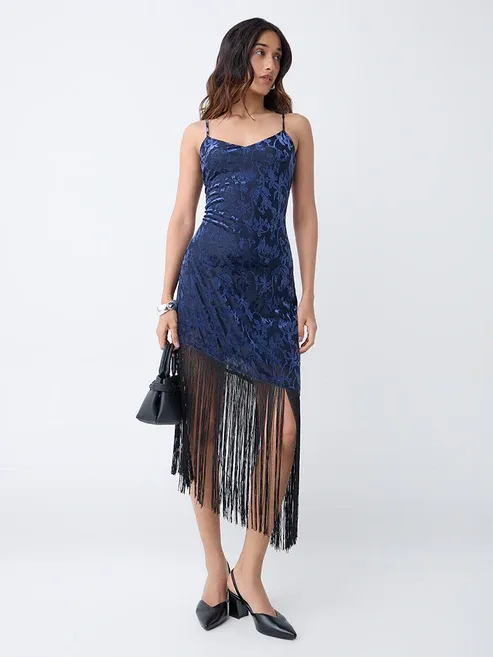 Navy Fringe-Detailed Velvet Bodycon Dress