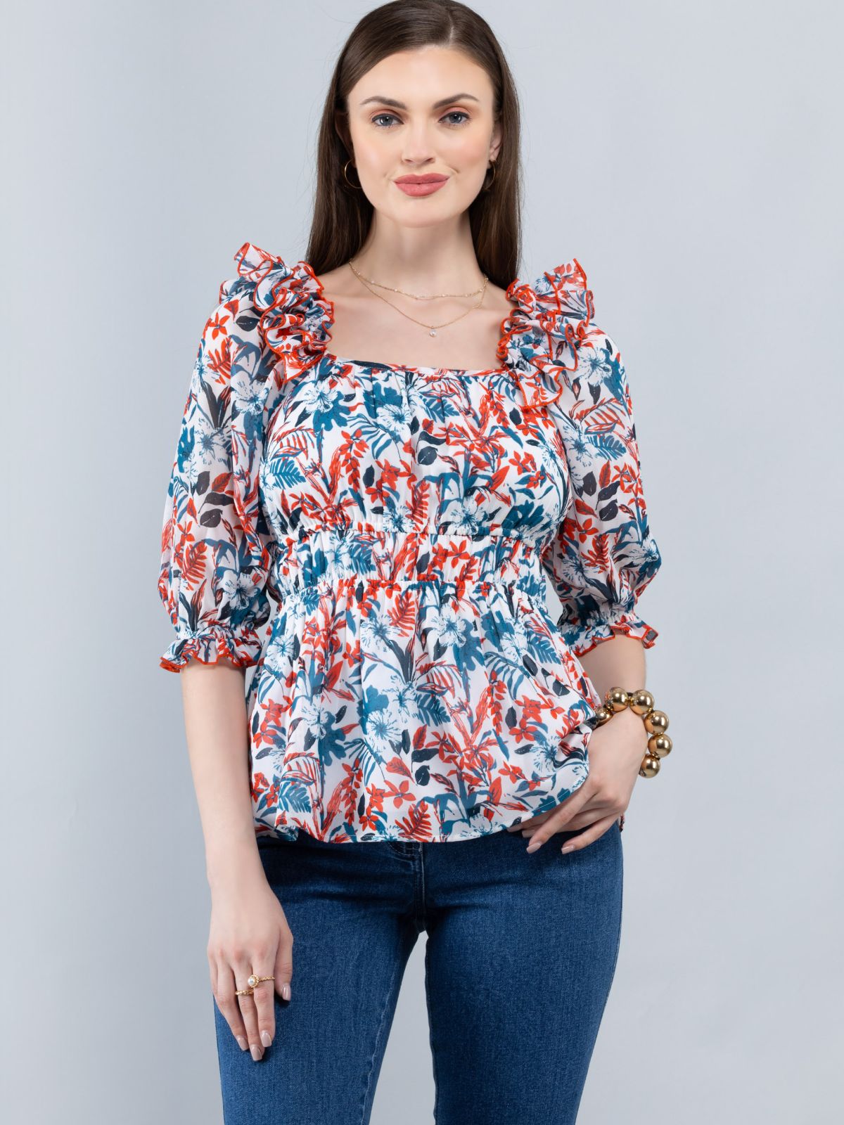 Tropical Print Georgette Peplum Top