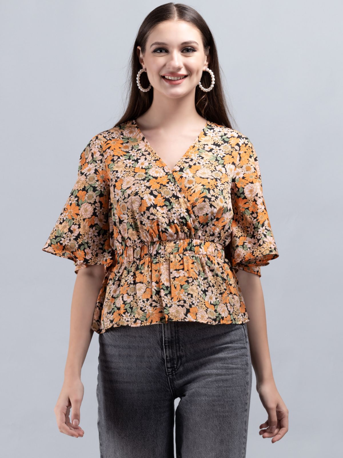 Multi Colour Floral Print Wrap Peplum Top