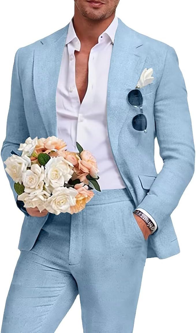 Men's Linen Suit 2 Piece Slim Fit Summer Beach Wedding Prom Party