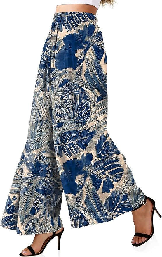 Womens Linen Palazzo Pants High Waist Pleated Trousers with Pockets