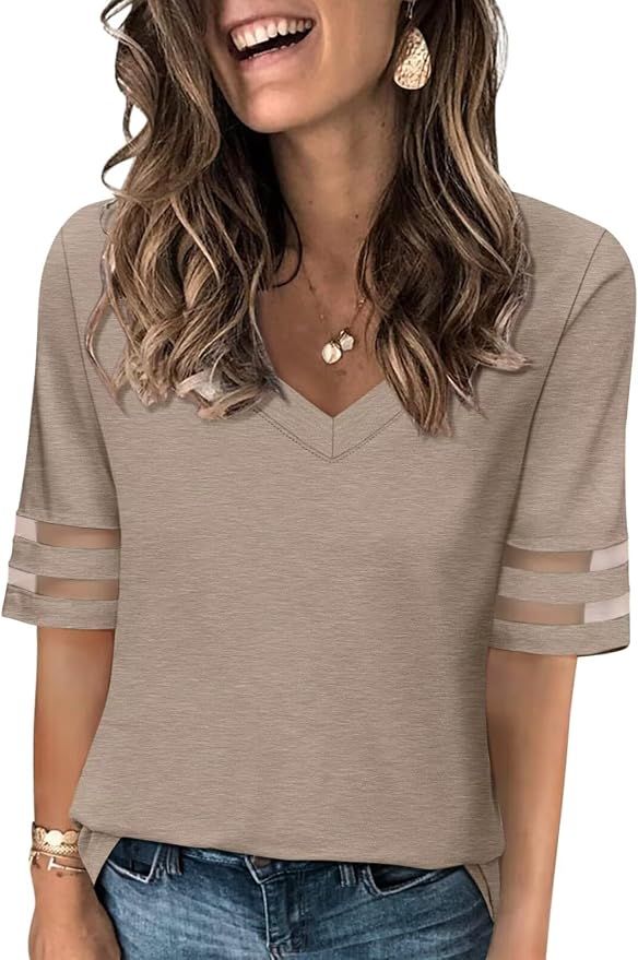 Women's Mesh Panel Half Sleeve Tops Summer V Neck Tee Shirts