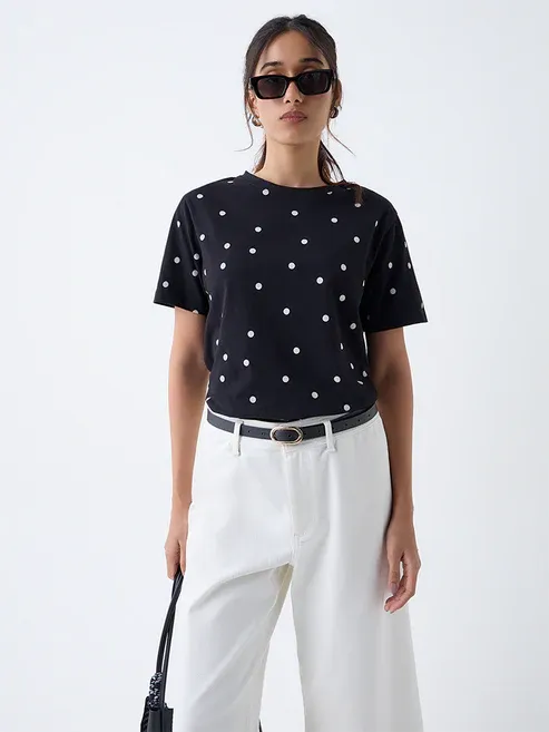Black Polka Dotted Cotton T-Shirt