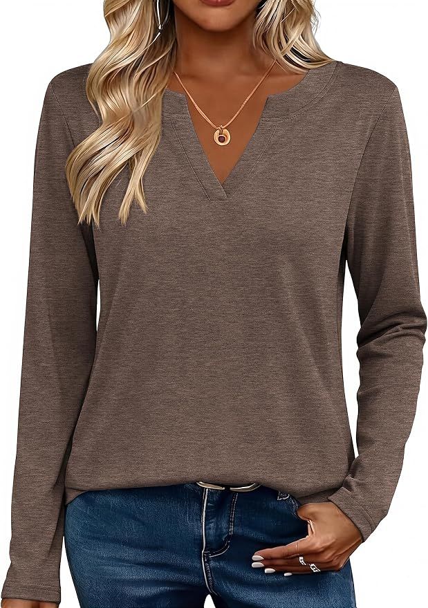 Womens Tops Long Sleeve V Neck Tee Shirts Cute Dressy Casual Business Work Blouse,Basic Clothing,Elegant Fall Fashion 2026