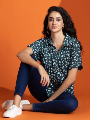 Turquoise Green Abstarct Print Relax Fit Rayon Top