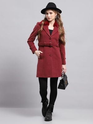 Womens Self design Collared Neck Full Sleeve Coat