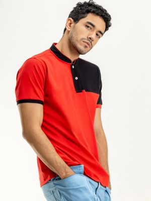 Red & Black Regular Fit Men's Henley Collar T-shirt