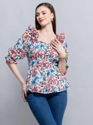 Tropical Print Georgette Peplum Top