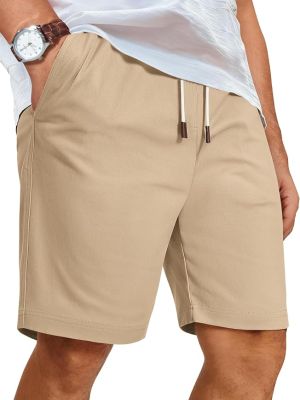 Mens Casual Shorts Cotton Elastic Waist Drawstring Beach Shorts