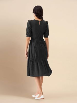 Dress for Women Cotton Blend Round Neck Half Puff Sleeve Flared Pleated Midi Western Dress