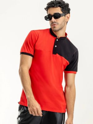 Red & Black Regular Fit Men's Henley Collar T-shirt