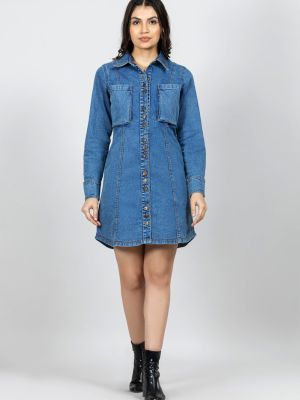 Blue Relaxed Fit Denim Mini Shirt Dress