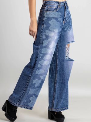 Blue Laser Print Wide Leg Women's Distressed Jeans