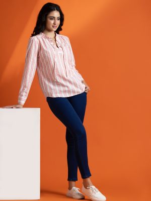 White Yarn Dyed Stripes Cotton Dobby Tunic Top