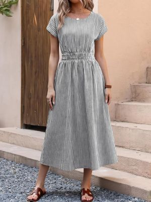 Womens Summer Midi Dress Striped Casual Short Sleeve Crewneck Elastic Waist 2026 Flowy Long Beach Dress with Pockets