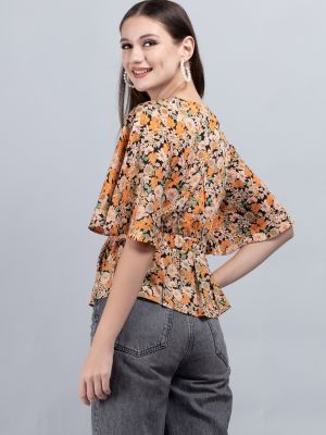 Multi Colour Floral Print Wrap Peplum Top