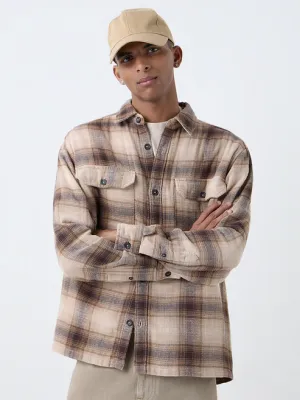Light Brown Checkered Relaxed-Fit Cotton Shirt