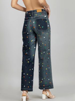 Blue Wide Leg Brush Strokes Painted Women’s Jeans