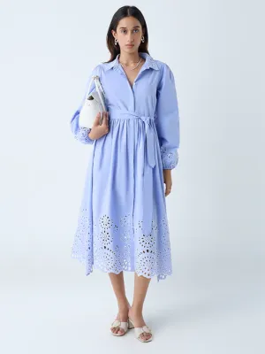 Light Blue Schiffli Design Cotton Shirt Dress with Belt