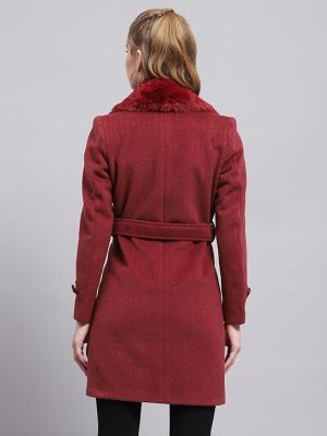 Womens Self design Collared Neck Full Sleeve Coat