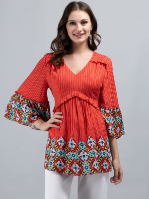Red & Multi Border Printed Peplum Style Viscose Rayon Tunic Top