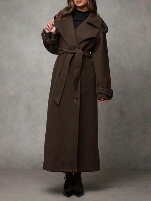 Women's Winter Double Breasted Midi Long Wool Coat Business Casual Notch Lapel Winter Trench Coat with Belt