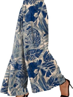 Womens Linen Palazzo Pants High Waist Pleated Trousers with Pockets