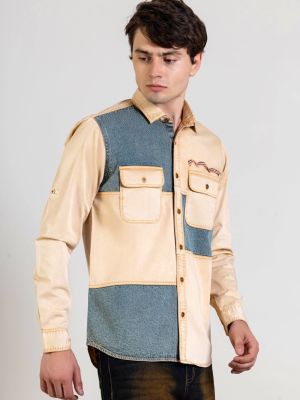 Beige Slim Fit Men's Denim Cotton Shirt