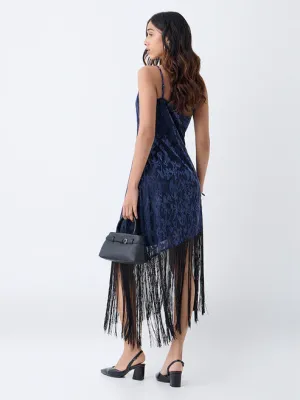 Navy Fringe-Detailed Velvet Bodycon Dress