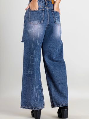 Blue Laser Print Wide Leg Women's Distressed Jeans