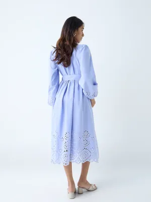 Light Blue Schiffli Design Cotton Shirt Dress with Belt