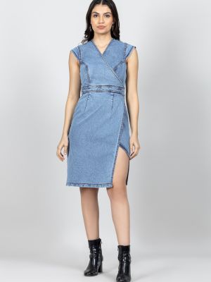Blue Wrap Relaxed Fit Denim Midi Dress