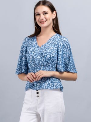 Blue Ditsy Floral Print Wrap Peplum Top