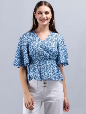 Blue Ditsy Floral Print Wrap Peplum Top