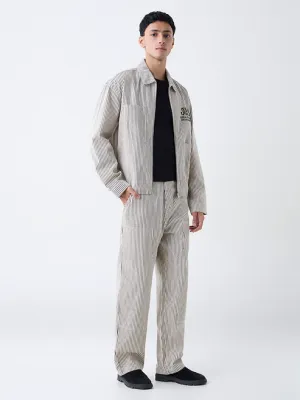 Beige Striped Relaxed-Fit Cotton Jacket
