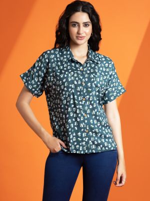 Turquoise Green Abstarct Print Relax Fit Rayon Top