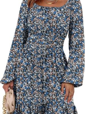 Women Long Lantern Sleeve Square Neck Fall Short Dress
