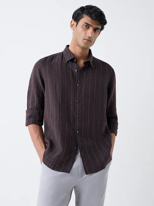 Product Dark Brown Striped Relaxed-Fit Linen Shirt Image
