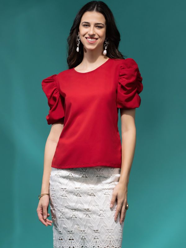 Product Maroon Ruched Puff Sleeves Top Image