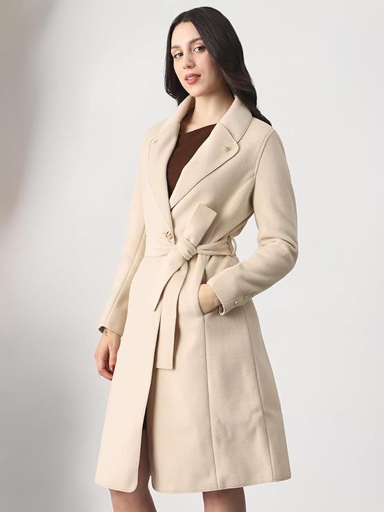 Product Women Shawl Collar Long Sleeves Solid 2 Pockets Winterwear Trench Coat With Belt Image