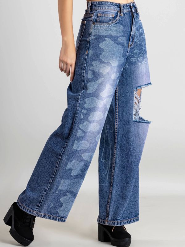 Product Blue Laser Print Wide Leg Women's Distressed Jeans Image