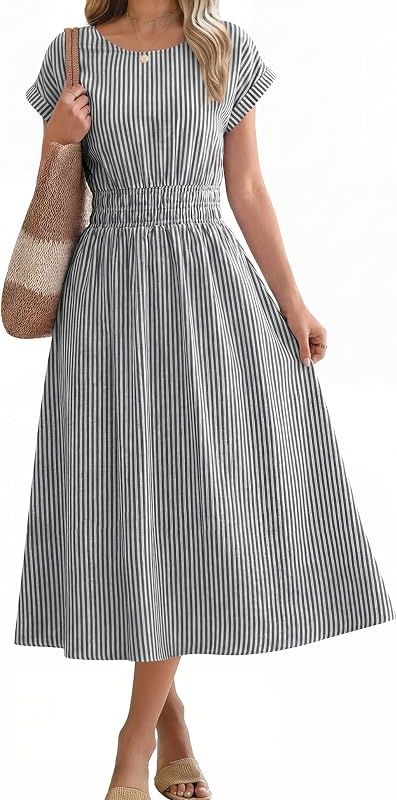 Product Womens Summer Midi Dress Striped Casual Short Sleeve Crewneck Elastic Waist 2026 Flowy Long Beach Dress with Pockets Image