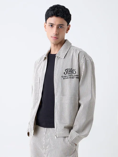 Product Beige Striped Relaxed-Fit Cotton Jacket Image